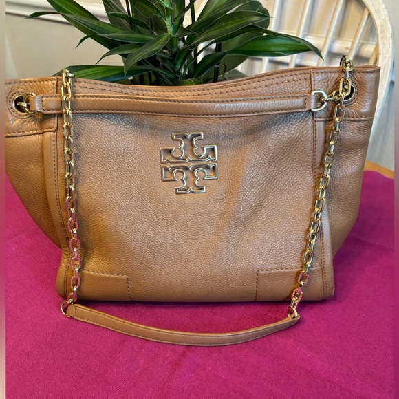 Tory Burch Britten Tote Brown Leather Shoulder Bag With Duster Bag - Picture 2 of 11
